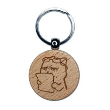 Funny Concerned Confused Teacher Cat Engraved Wood Round Keychain Tag Charm