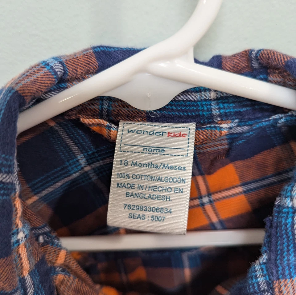 Wonder Kids Shirt Blue Orange Plaid Pearl Button Long Sleeve Boy 18M 100% Cotton - Image 2 of 2