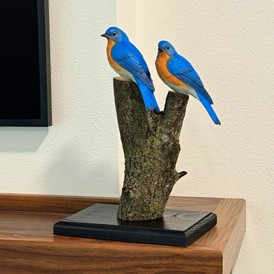 Bluebird Pair Bird Figurine Sculpture Two Birds on Wood Log Base Decorative