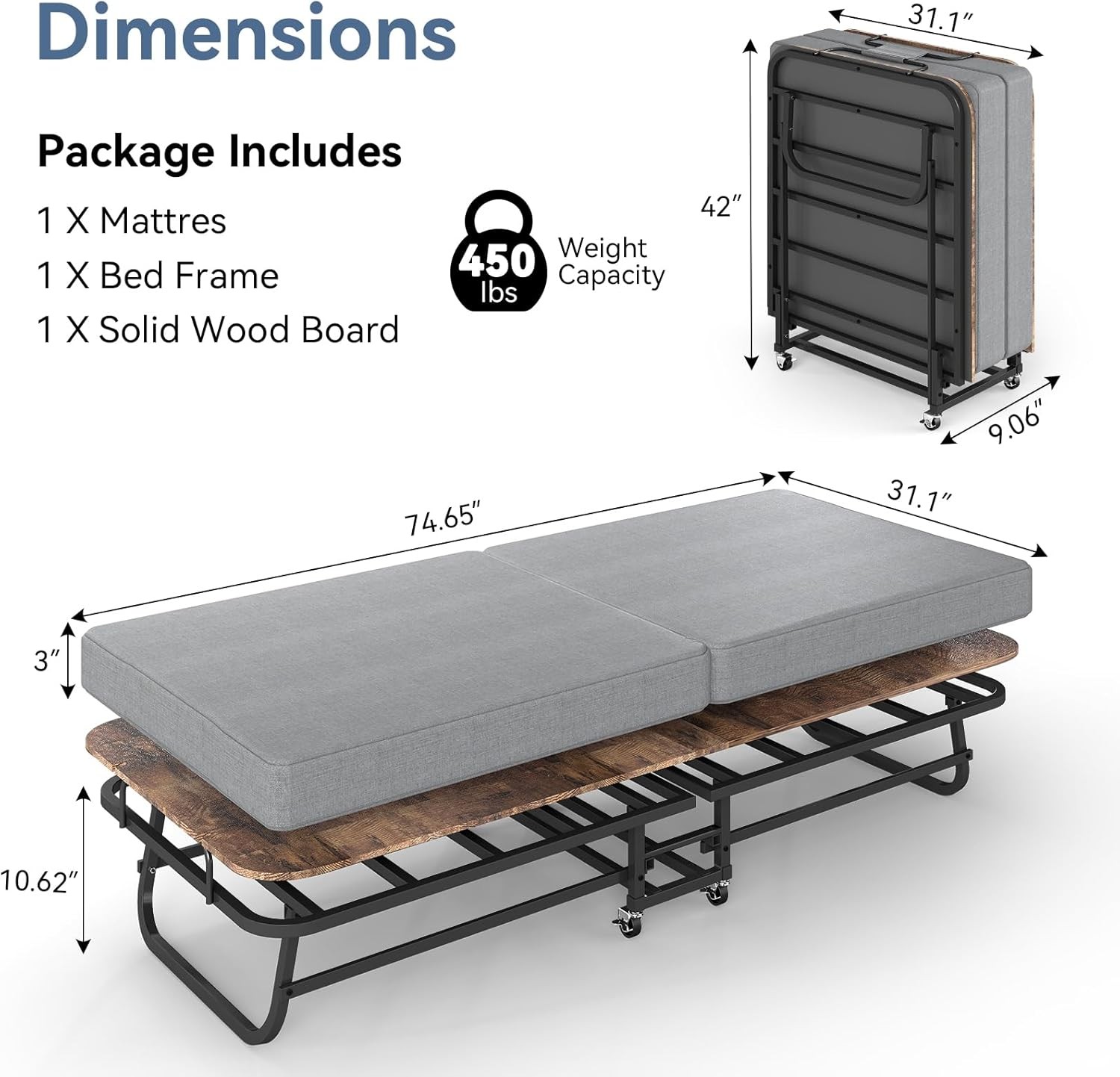 Double-sided Portable Foldable Bed Guest Bed with Memory Foam Mattress Rollaway