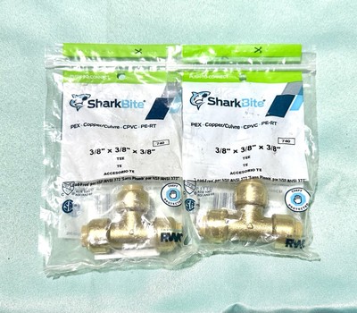(2 Pack) SharkBite 3/8 In. (1/2 In OD) Brass Push-to-Connect Tee