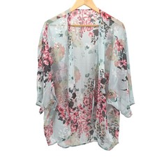 Womens Mint Blue Floral Print Sheer Kimono Lightweight Boho Festival Beachy