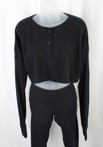 Eterne Women's Black Cotton Blend Round Neck Long Sleeve Cropped Ribbed Top S