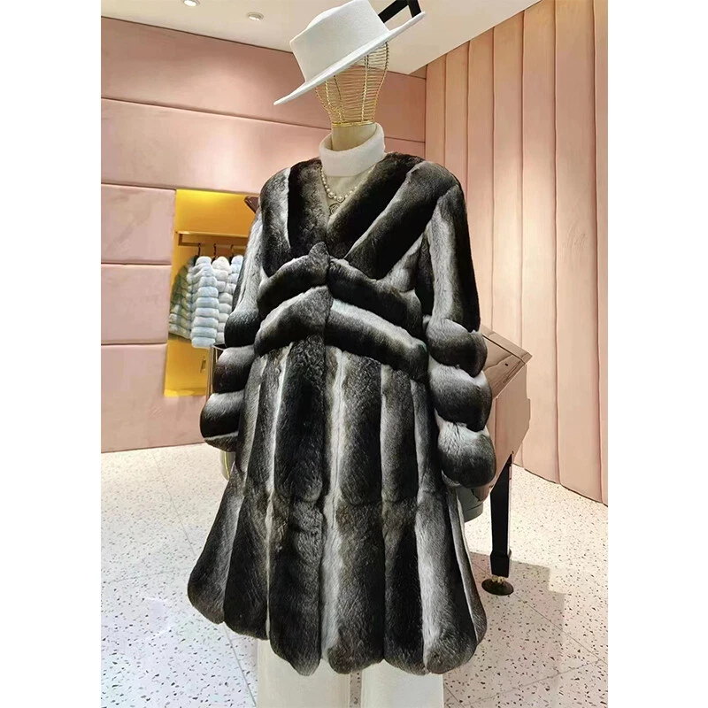 Abrigo de piel de conejo Rex 100 % real para mujer Abrigo de chinchilla cálido Dobladillo Prendas exteriores Foto 2 de 4