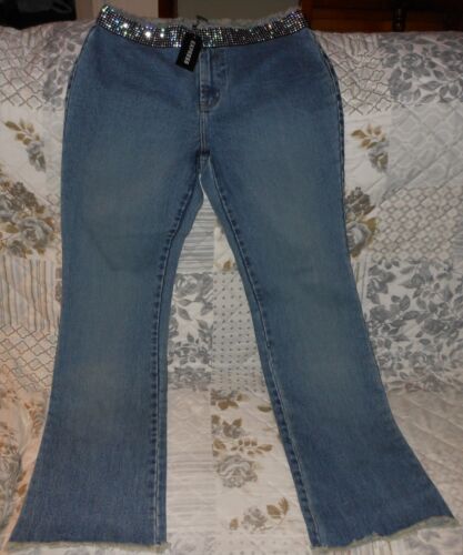 NWT Women`s Express Jeweled Waist Fake Pocket Raw Hem Blue Jeans Size 7-8 32x32 - Picture 1 of 6