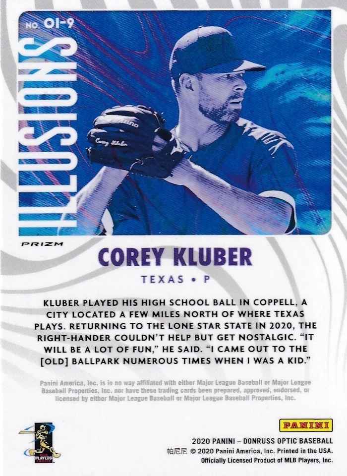 2020 OPTIC PRIZMS HOLO COREY KLUBER INDIANS RANGERS ILLUSIONS PARALLELS C3830 - Image 2 of 2