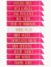 Bachelorette Party Sash Set (12 pcs) - Pink w/ White Bride to Be Sash - Bridal