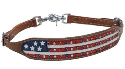 Hand Painted American Flag Design w Rhinestone Studs Leather Wither Strap w Clip