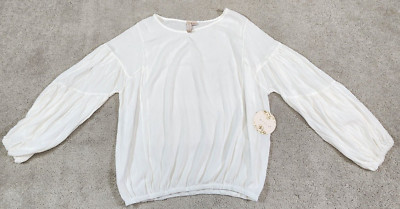 Misia Ivory Flowy Blouson Sleeve Bubble Hem Crepe Boho Peasant Blouse Large