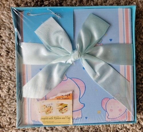 Regalo baby shower decorazione scatola regalo elefante blu rosa carta nastro vintage jcpenny