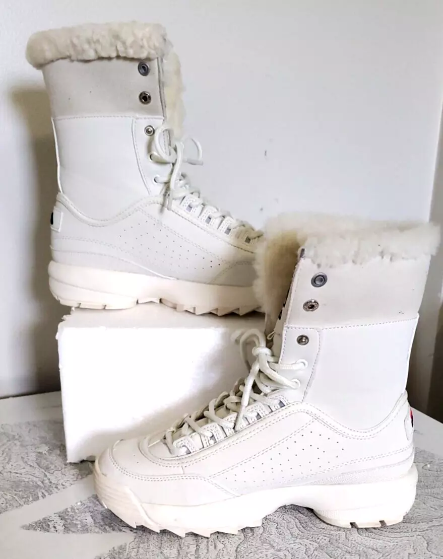 FILA DISRUPTOR SHEARLING WINTER FASHION BOOTS WHITE IVORY WOMEN