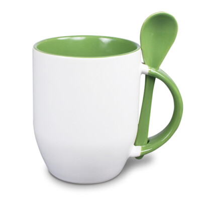 Keramiktasse TWO TONES bauchig mit Löffel 2 Farbig Rohling Sublimation Druck
