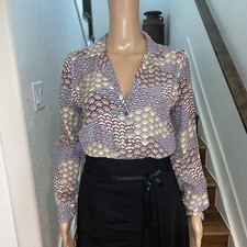 EQUIPMENT Femme Adalyn Fan-Print Long-Sleeve Washed Silk Blouse Size Small - 016