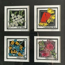 LYNETTE WEIR '98 Australian Wildflower Linocut Series No.10/50, Framed 40cmx41cm