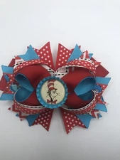 The Cat In The Hat Dr Seuss Red White Turquoise Blue Bottle Cap Hair Bow 5"