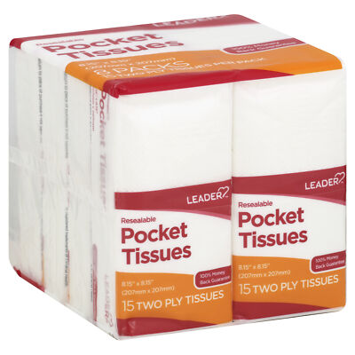 Leader Two Ply Pocket Tissues Soft Absorbent Resealable Travel Pack 8 Count