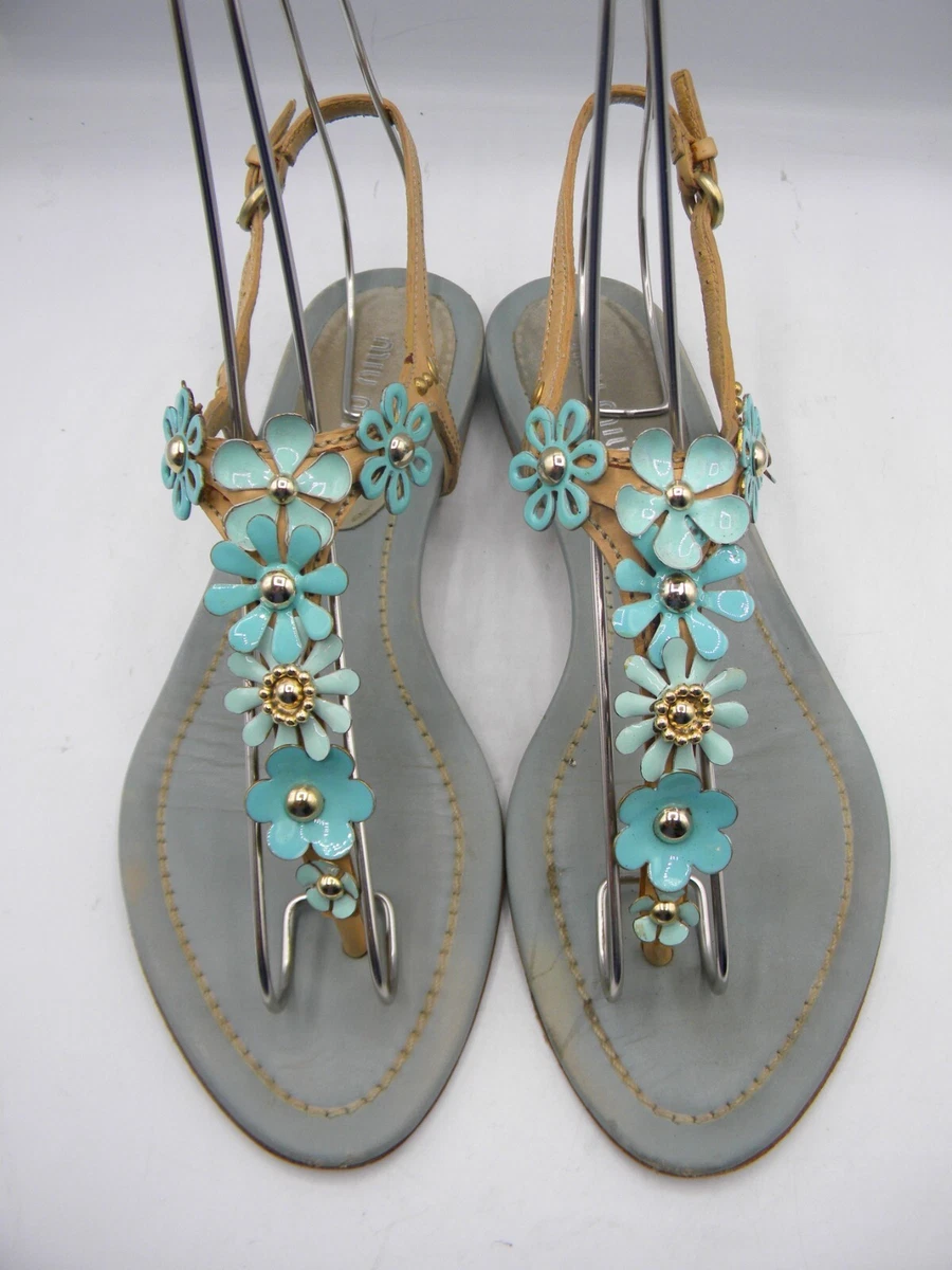 Miu Miu CALF FLOWER Naturale Anice Leather Thong Flat Sandals Size 36 Box