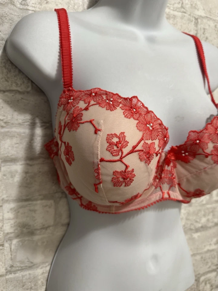 Sujetador Victoria’s Secret Dream Angels Forrado Demi Talla 36DD Floral Rojo Encaje Perlas Foto 4 de 4