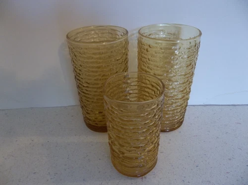 3 1960's  Hocking Anchor Amber Gold Vintage Tumbler Glass Honey Swirl Soreno