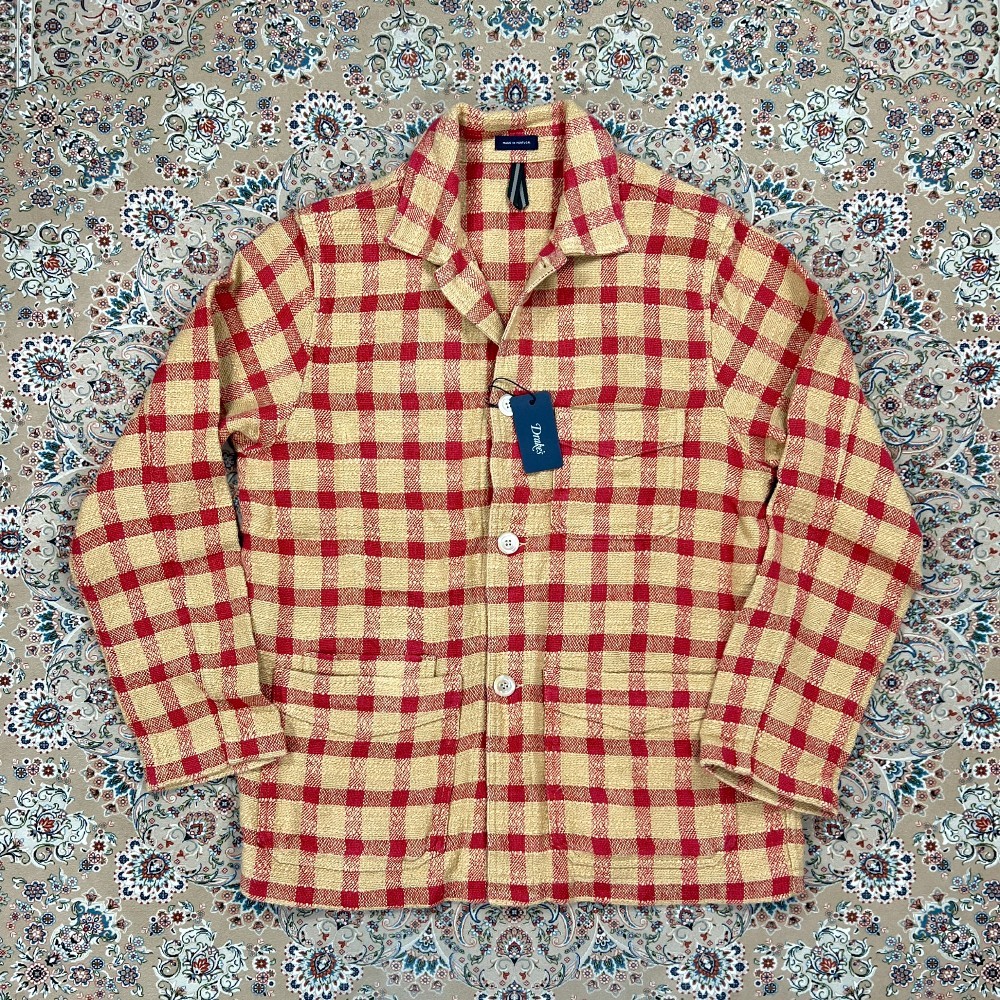 [New, Size UK40] Drake’s Red Gingham Check Linen Cotton Chore Jacket