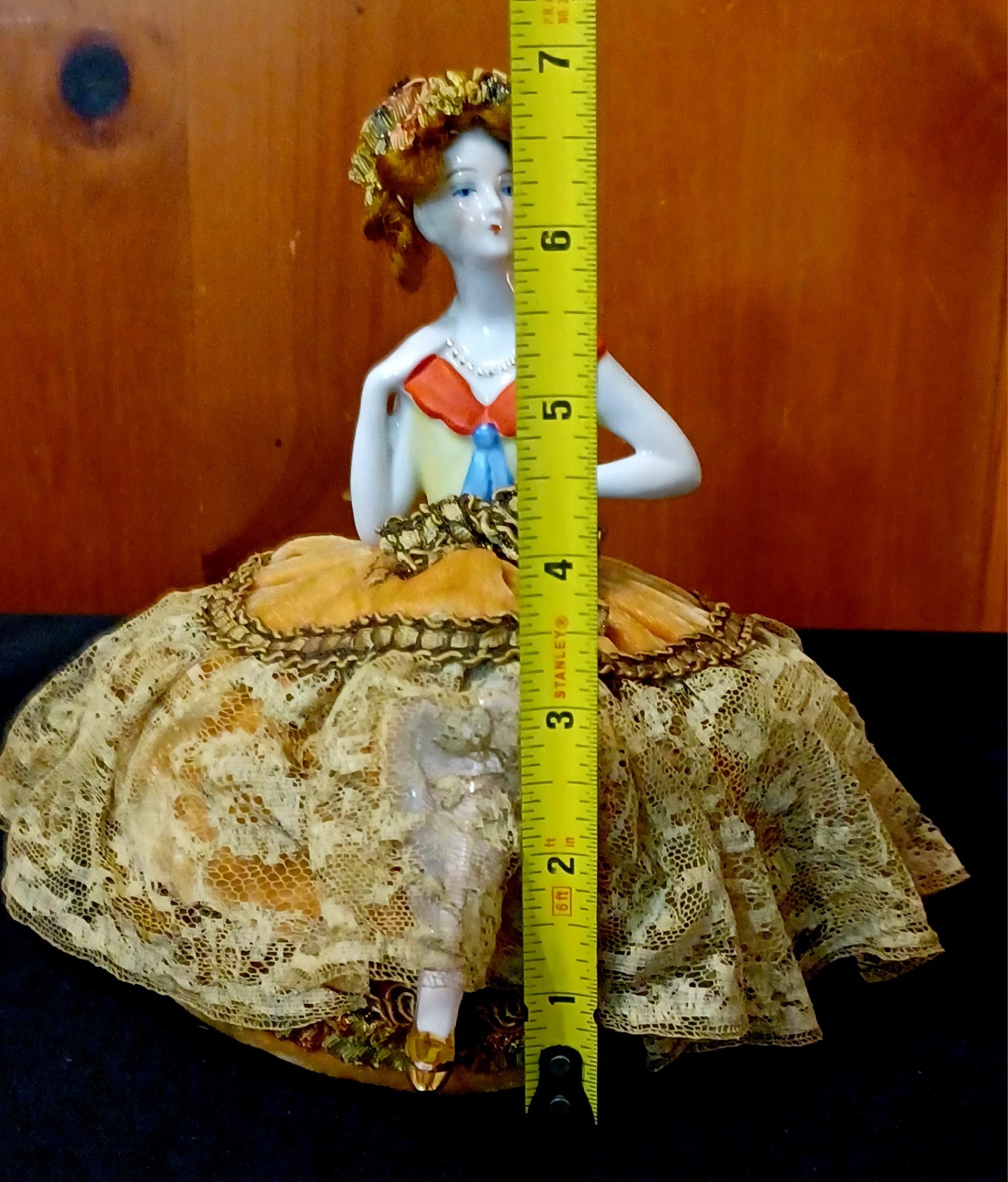Antique Half Doll Porcelain Pin Cushion Hands/Legs/Hair/Brown Velvet Lace Dress 