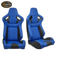 Pair Of Universal Honeycomb Racing Seats W Dual Slider Blue Black Pu Leather