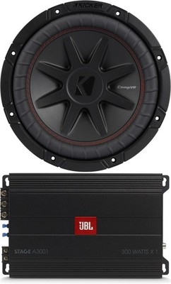 JBL Stage A3001  Car Amplifier + Kicker 10'' CompVR 4 Ohm Subwoofer Package