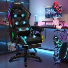 ELFORDSON Gaming Office Chair 8 Massage 12 RGB LED Footrest Padded Arms Computer