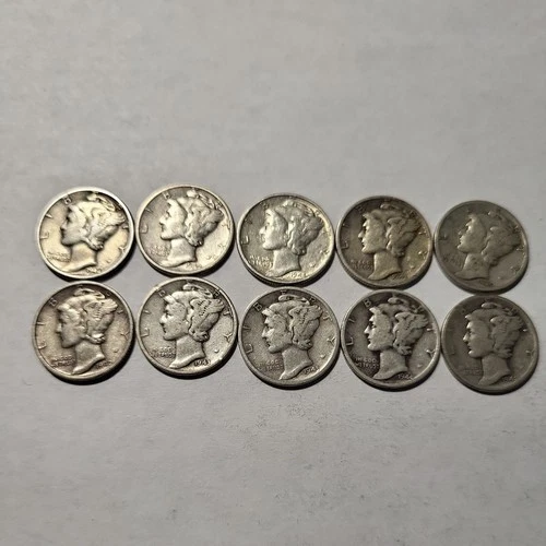 Lot of 10 Mercury Dimes 90% Silver Various Dates Circulated Condition