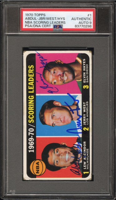 1970 Topps Kareem Abdul-Jabbar Jerry West Elvin Hayes HOF Signed Card PSA/DNA 9