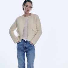 ZARA Ivory Boucl Short Jacket with Pockets Women's Size S Long Sleeve