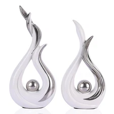 White and Silver Abstract Ceramic Sculptures 2 Set,Modern Home Decor Dining T...