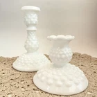 Vintage Fenton Hobnail Milk Glass Candlestick Holders 2 Mix Matched 6” & 3.5”
