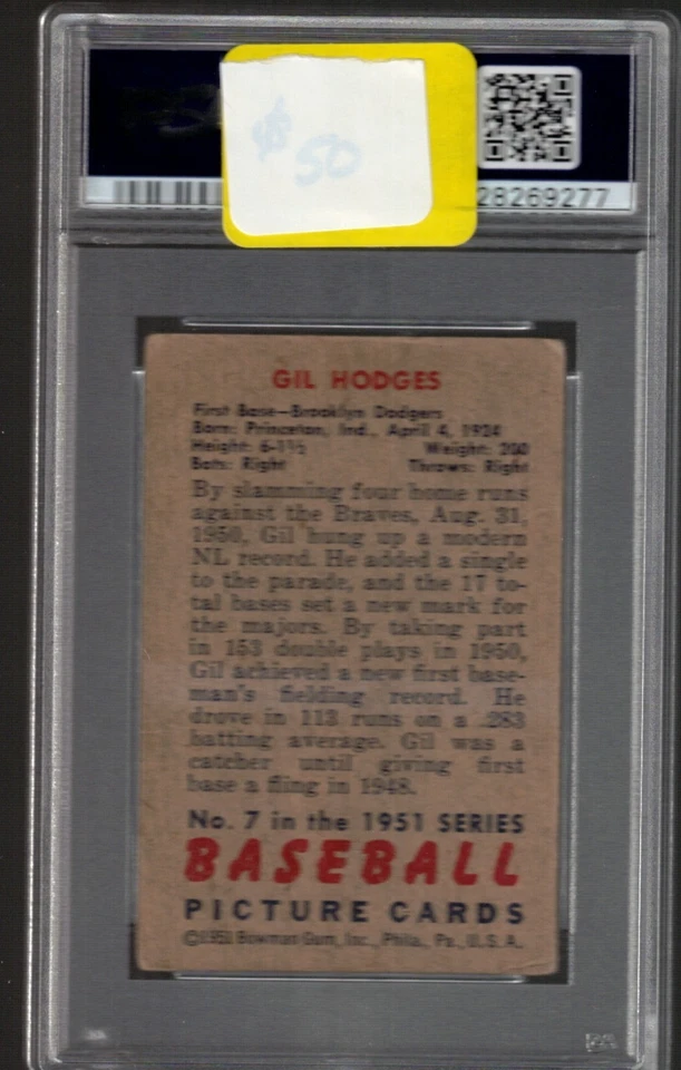 1951 BOWMAN #7 GIL HODGES PSA GOOD 2 - Image 2 of 2