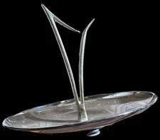 Vintage MCM Chrome Atomic Handled Tray Tidbit Desert Candy Dish 8.5"