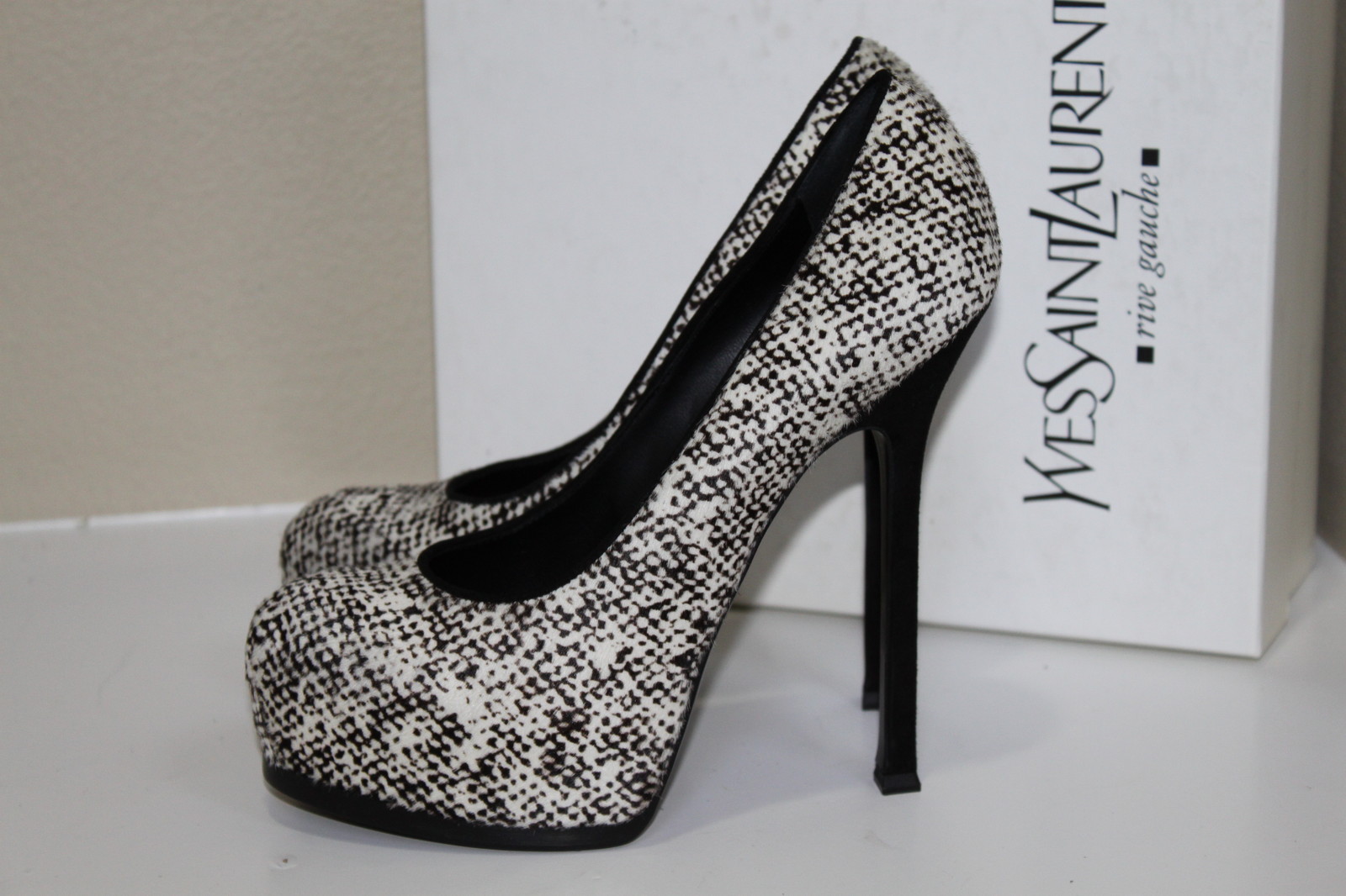 Scarpe décolleté YSL Yves Saint Laurent Tribtoo 105 pony tweed nero bianco 9 5 39 5