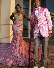 Shiny Sequins Mermaid Prom Dresses With Beaded Crystals Black Girl Evening Gowns