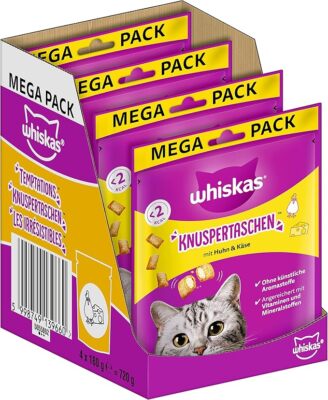 Whiskas Knuspertaschen Katzen-Snack mit Huhn  & Käsegeschmack, 4er Pack, 4x180g