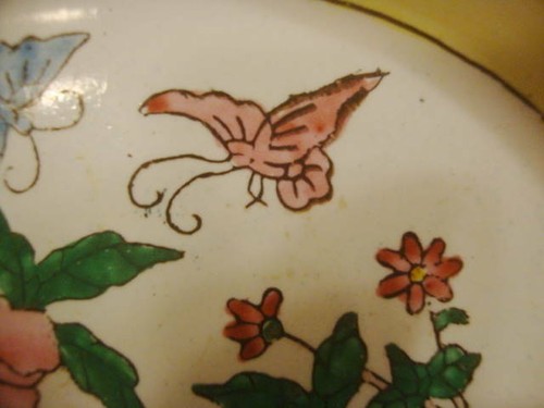 Collectible Chinese Enameled Porcelain Trinket Yellow Oval TRAY Brass Butterfly! - Picture 3 of 4