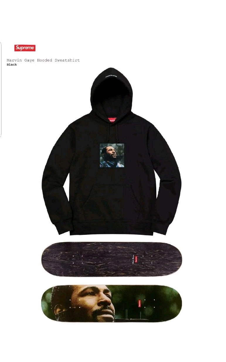 Supreme Marvin Gaye à capuche noire sweat shirt & skateboard lot Noël