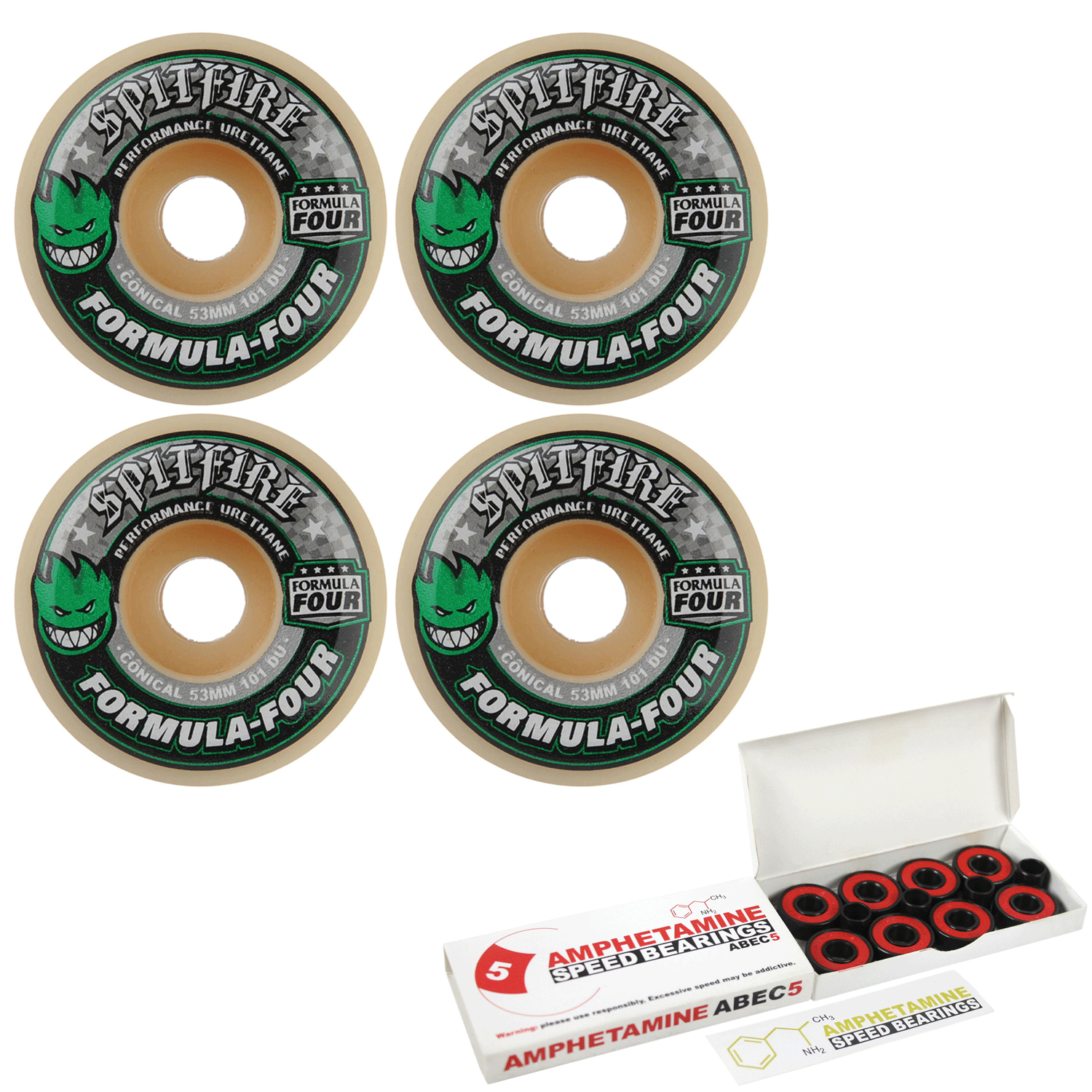 Spitfire Skateboard Wheels 53mm F4 101A Conical Green Print with Abec 5 Bearings