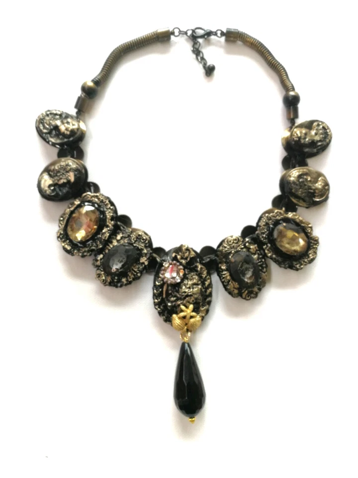 collana donna gioiello collier girocollo antico gotico strass perle pietra nera - Immagine 2 di 4
