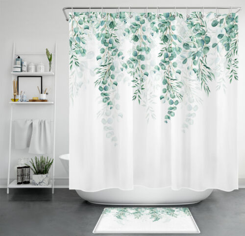 Farmhouse Botanical Green Eucalyptus Leaf Shower Curtain Set for Bathroom Decor - Afbeelding 1 van 17