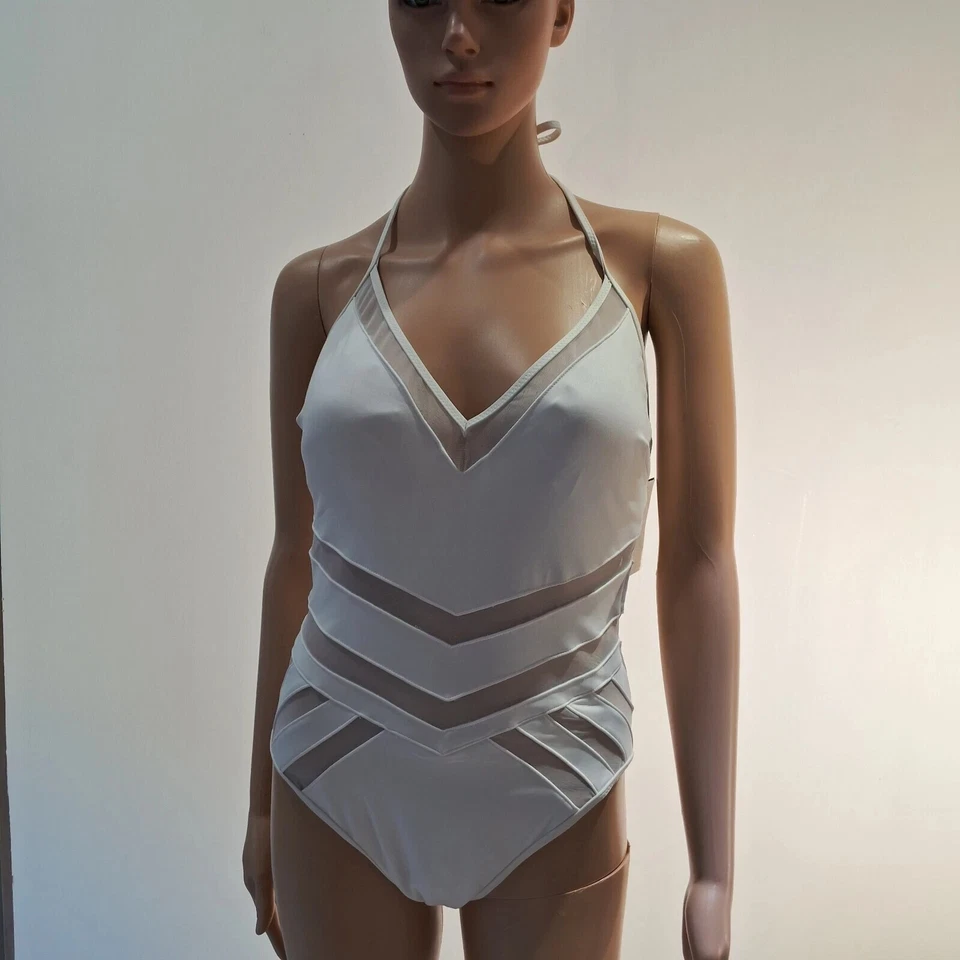 Kenneth Cole V 领网眼连体泳衣白色 M 码 MSPR $119 — 第 3/4 张图片