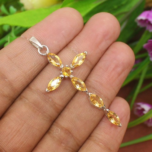 Citrine Cross Pendant Silver Christian 