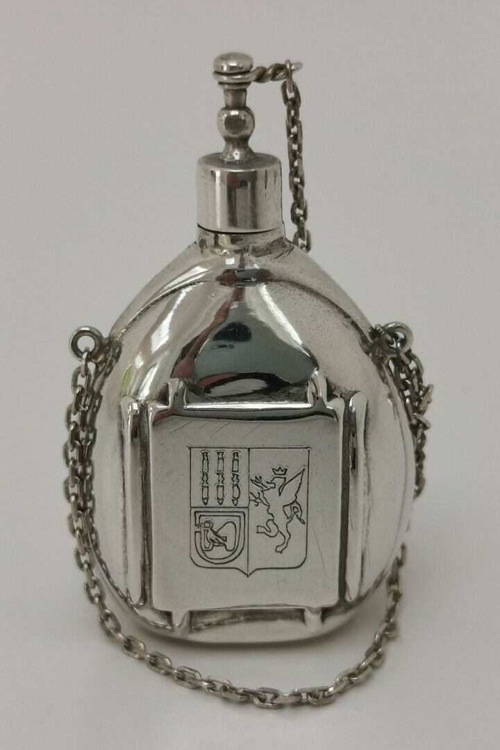 Vtg Solid .800 Silver Heraldic Lion Crest Coat of Arms Hip Flask Scent Bottle