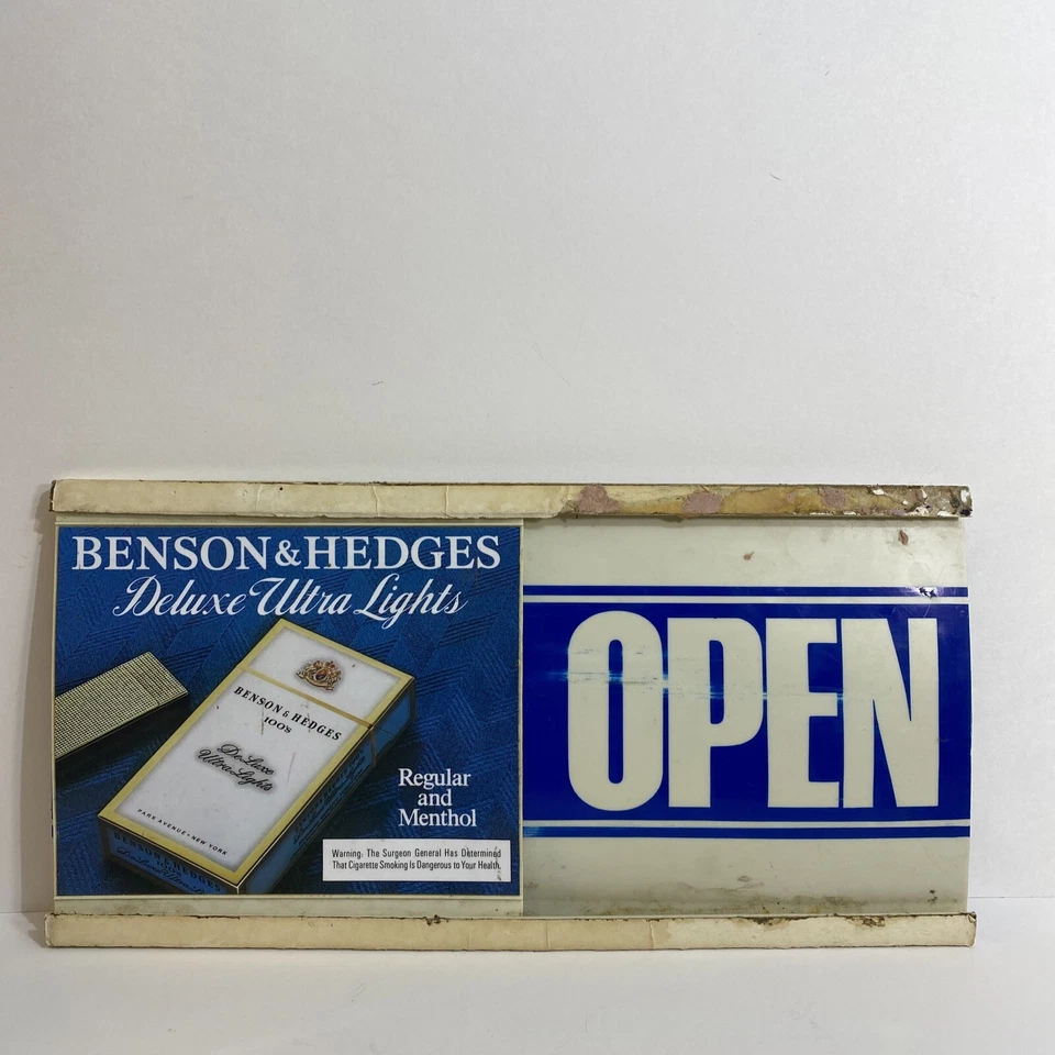 Letrero publicitario de plástico Benson & Hedges tienda abierto y cerrado 1984 como está Foto 2 de 3