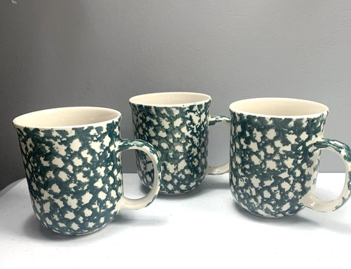 Folk Craft Moose Mugs Country by Tienshan Set of 3 Three Spongeware Green