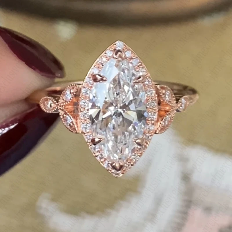 2.90TCW Marquise Moissanite Cluster Proposal Engagement Ring Solid 14k Rose Gold - Image 3 of 4