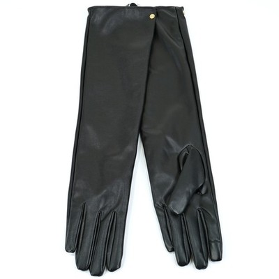 LIZ CLAIBORNE Women's SMALL/MEDIUM Faux Leather LONG BLACK GLOVES Gold Logo S/M